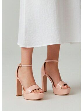 Patent Nude Platform Heels With Ankle Strap & Block Heel - Elegant Evening Style